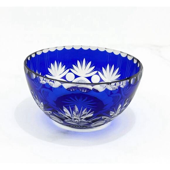 Bohemian Blue Cut to Clear Crystal Bowl Czech Republic MC 6" Cross Hatch Leaves - Picture 1 of 8